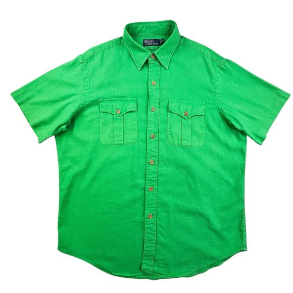 Vintage Polo Ralph Lauren Shirt Men's XL Green Linen Blend Chest Pockets Utility - Picture 2 of 9